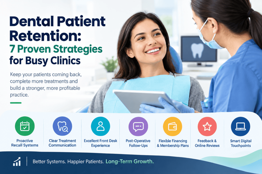 Dental patient retention strategies infographic showing dentist consulting a smiling patient in a clinic.