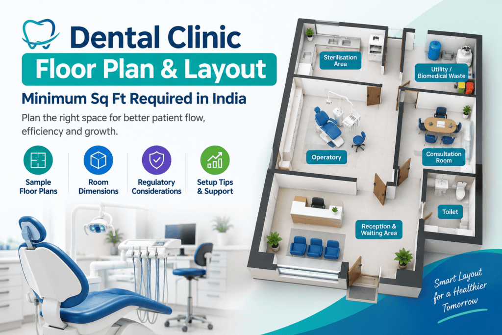 Dental clinic floor plan showing reception, dental operatory, sterilisation area, consultation room and utility space
